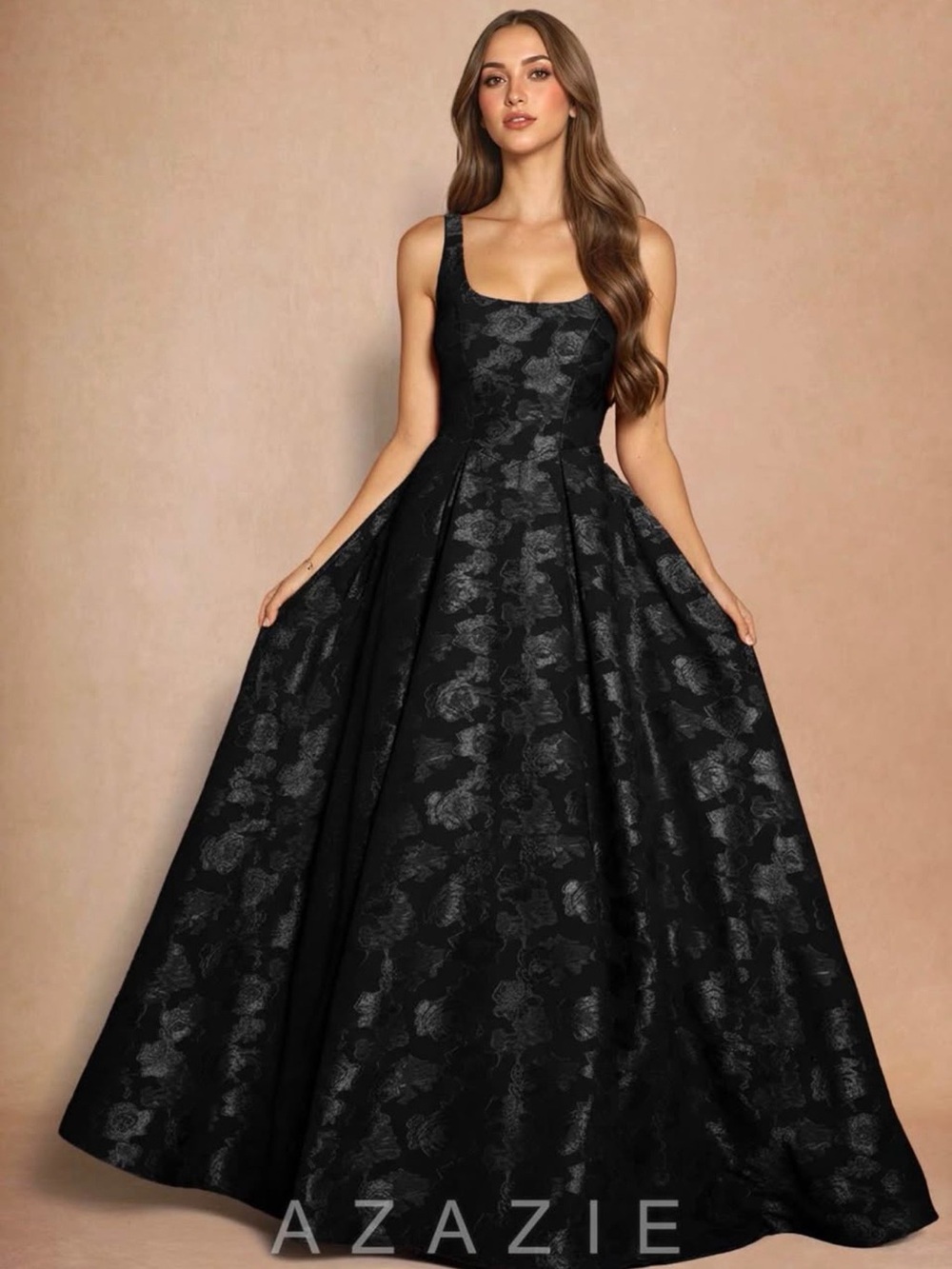 Azazie Black Floral Jacquard Ball Gown